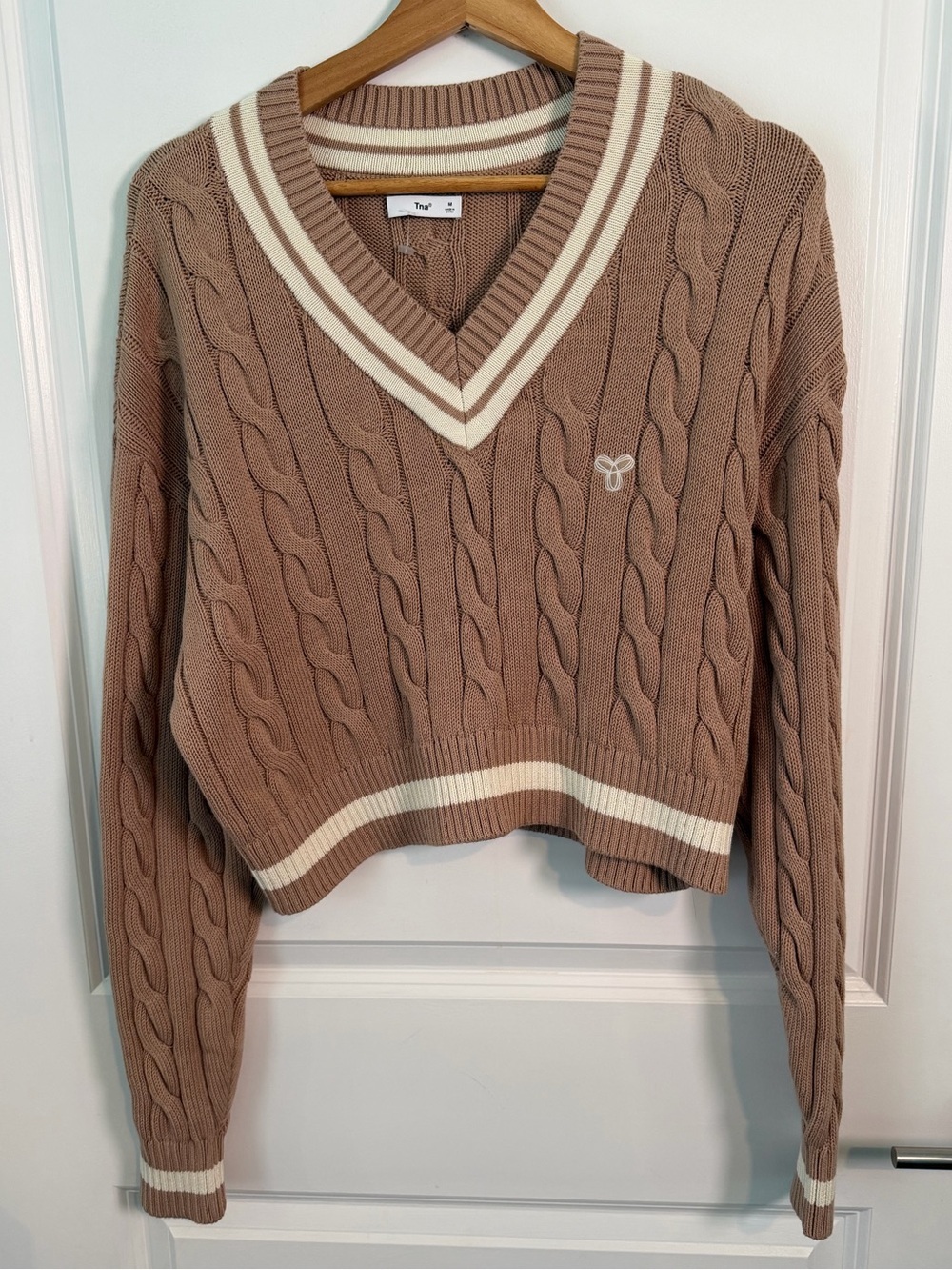 TNA Taupe Cable Knit V-Neck Sweater with Cream Trim Cropped